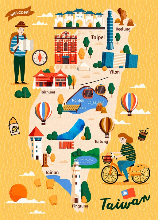 Illustrierte Taiwan-Karte mit Taipei 101 und Heißluftballons