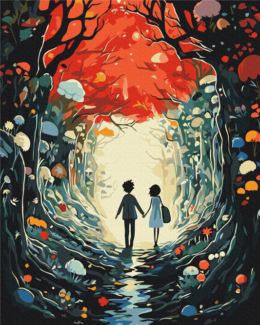 Silhouette eines Paares, das Hand in Hand durch einen Tunnel aus rotem Herbstlaub geht