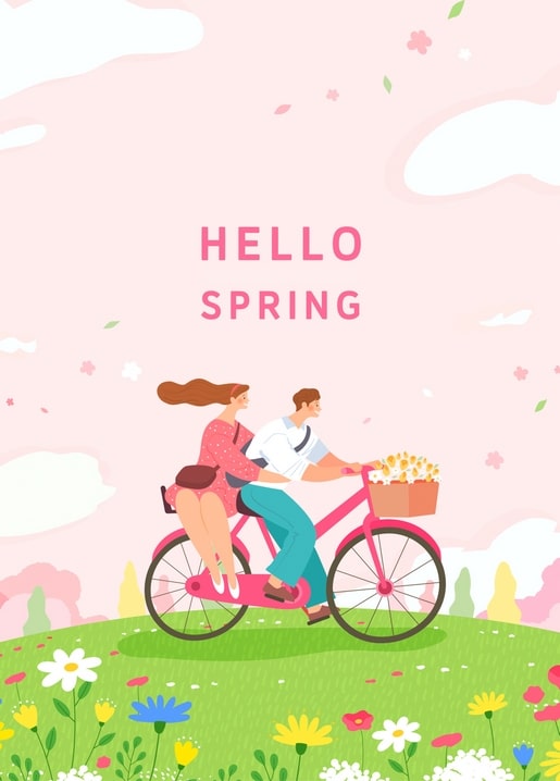 Couple riding a pink tandem bicycle through a blooming spring meadow with “Hello Spring” text