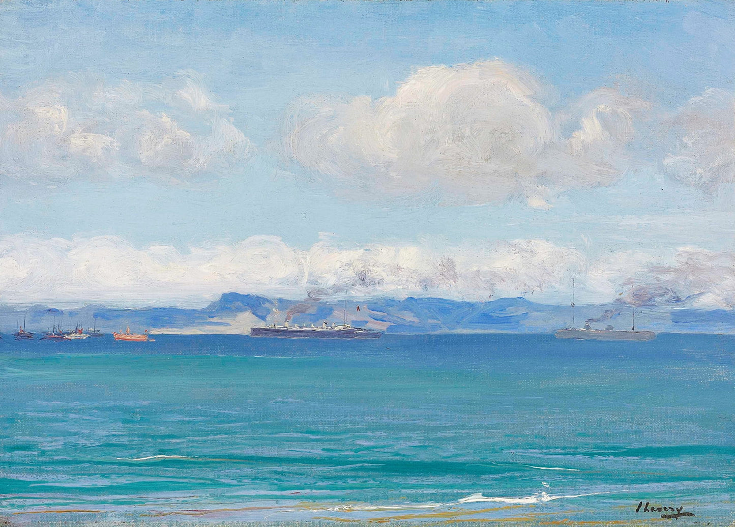 Steamships and sailboats crossing a turquoise bay under clouds, seascape painting by Sir John Lavery