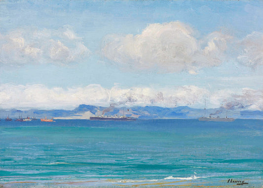 Steamships and sailboats crossing a turquoise bay under clouds, seascape painting by Sir John Lavery