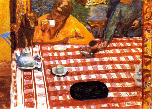 Pierre Bonnard postcard: checked tea table with a dachshund on a chair and a teapot