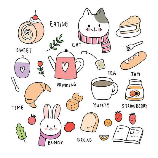 Doodle collage of tea-time treats: a scarfed cat and bunny, teapot, croissant, jam, cake roll, and coffee.