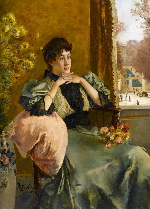Alfred Stevens painting of a woman in a teal dress with roses, gazing directly at the viewer