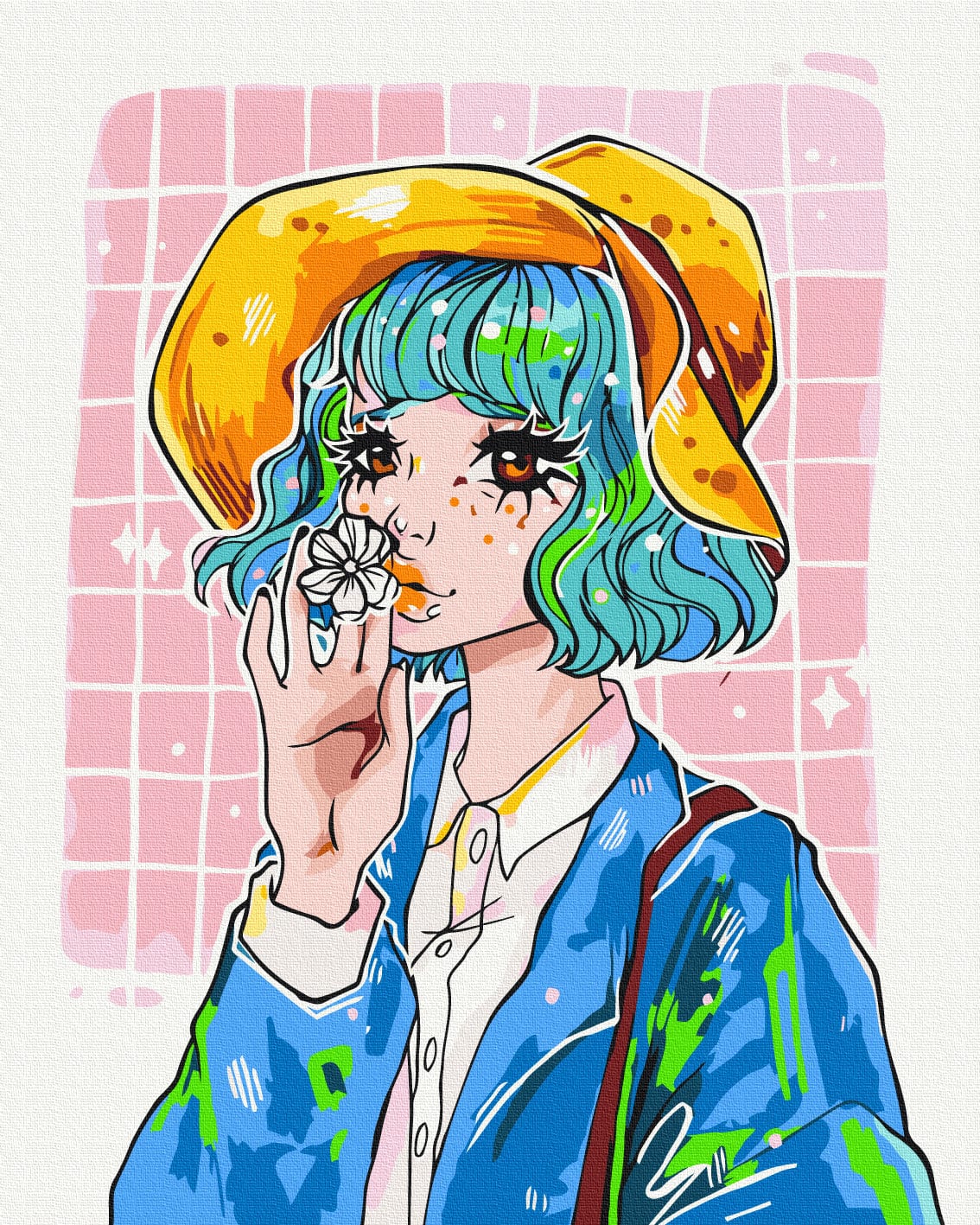 Illustrierte Frau mit türkisfarbenem Haar und gelbem Hut hält eine weiße Blume, Malen nach Zahlen von nila_art_ar