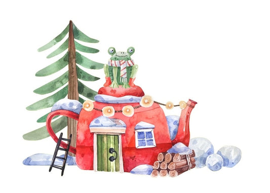 Aquarell-Häuschen in Teekannenform im Schnee mit Frosch im Schal