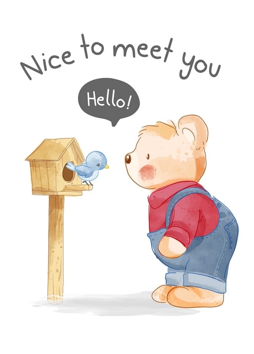 Watercolor teddy bear greeting a bluebird perched on a wooden birdhouse