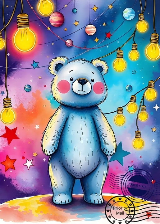 Teddybär auf einem kleinen Planeten unter warmen Lichterketten und buntem Nebelhimmel
