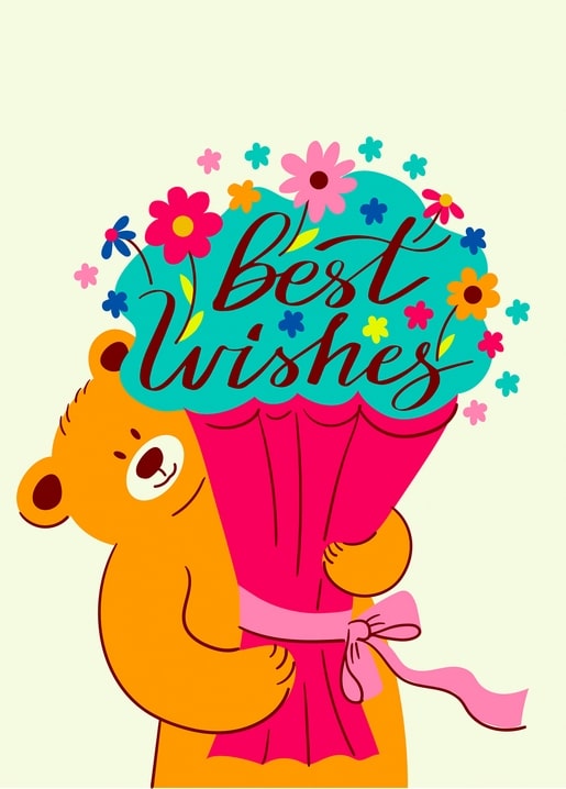 Помаранчевий ведмедик тримає букет квітів з написом Best Wishes