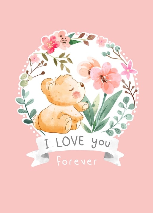 Teddybär sitzt in einem Kranz aus Aquarellblumen auf rosa Hintergrund mit der Aufschrift „Ich liebe dich für immer“