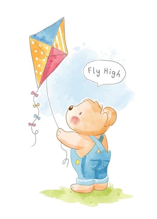 Watercolor postcard of a teddy bear in overalls flying a colorful kite, saying 'Fly High'.