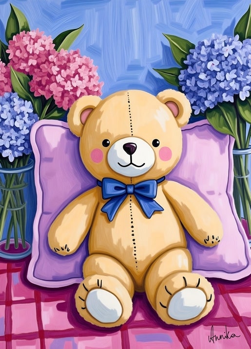 Teddy bear in a blue bow tie on a lilac pillow between pink and blue hydrangeas