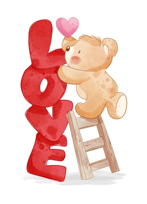 Teddybär klettert eine Leiter zu einem Herzen neben riesigen roten LOVE-Buchstaben