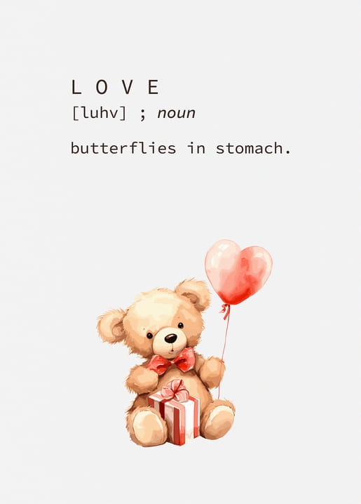 Teddybär mit Herzballon und Geschenk neben der Wörterbuch-Definition von „Liebe“