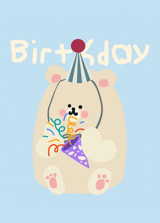 Illustrated teddy bear blowing a confetti party horn on blue background