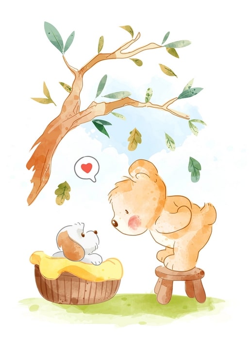 Teddy bear on a stool greeting a puppy in a basket under a leafy autumn branch
