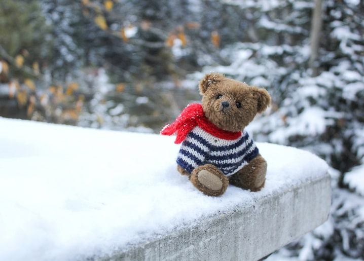 Plush teddy bear in a striped sweater and red scarf sitting on a snowy stone ledge