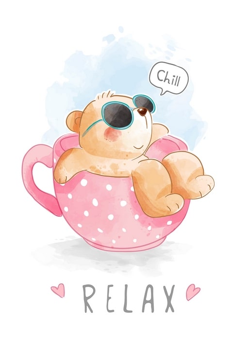 Teddy bear in sunglasses relaxing inside a pink polka-dot teacup, watercolor illustration