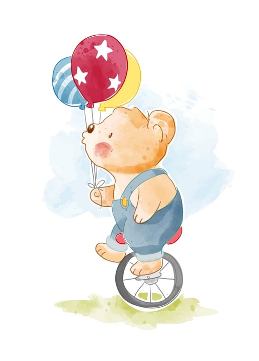 Aquarell-Teddybär in Latzhose balanciert auf dem Einrad mit bunten Luftballons
