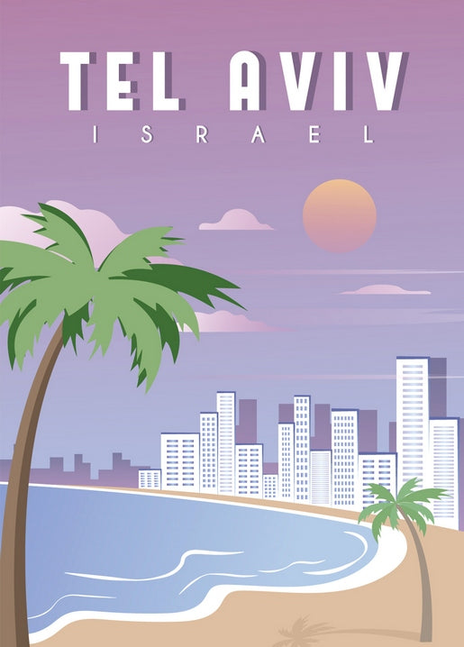 Retro-Reiseplakat mit Tel Aviv, Strand, Palme und Skyline bei Sonnenuntergang