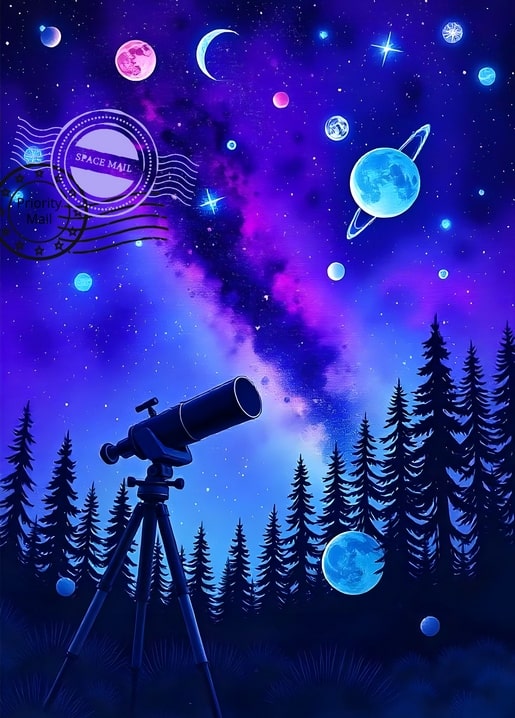 Illustration eines Teleskops, das auf einen sternenklaren violetten Himmel über Kiefernsilhouetten gerichtet ist.
