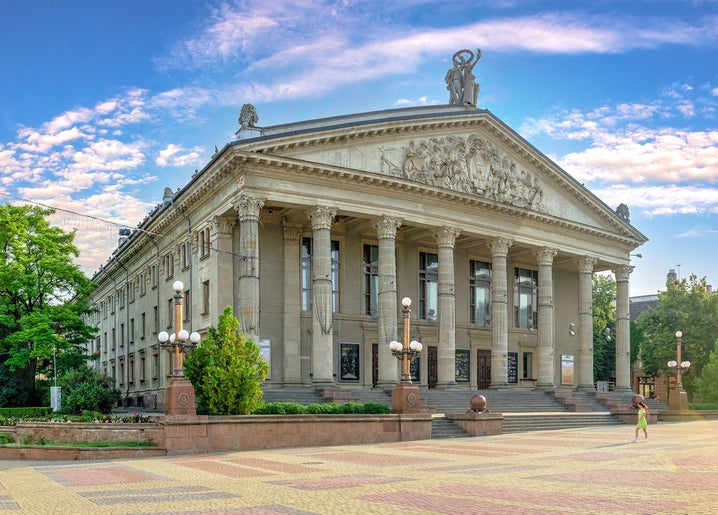Neoclassical Ternopil Shevchenko Drama Theater with columned façade