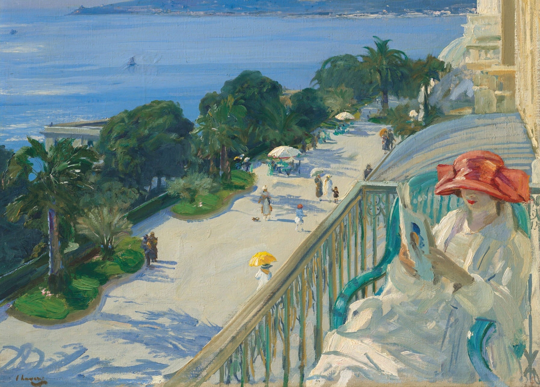 Woman in a red hat reading on a balcony above Cap d'Ail's seaside promenade, painting by Sir John Lavery