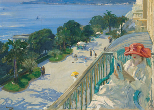 Woman in a red hat reading on a balcony above Cap d'Ail's seaside promenade, painting by Sir John Lavery
