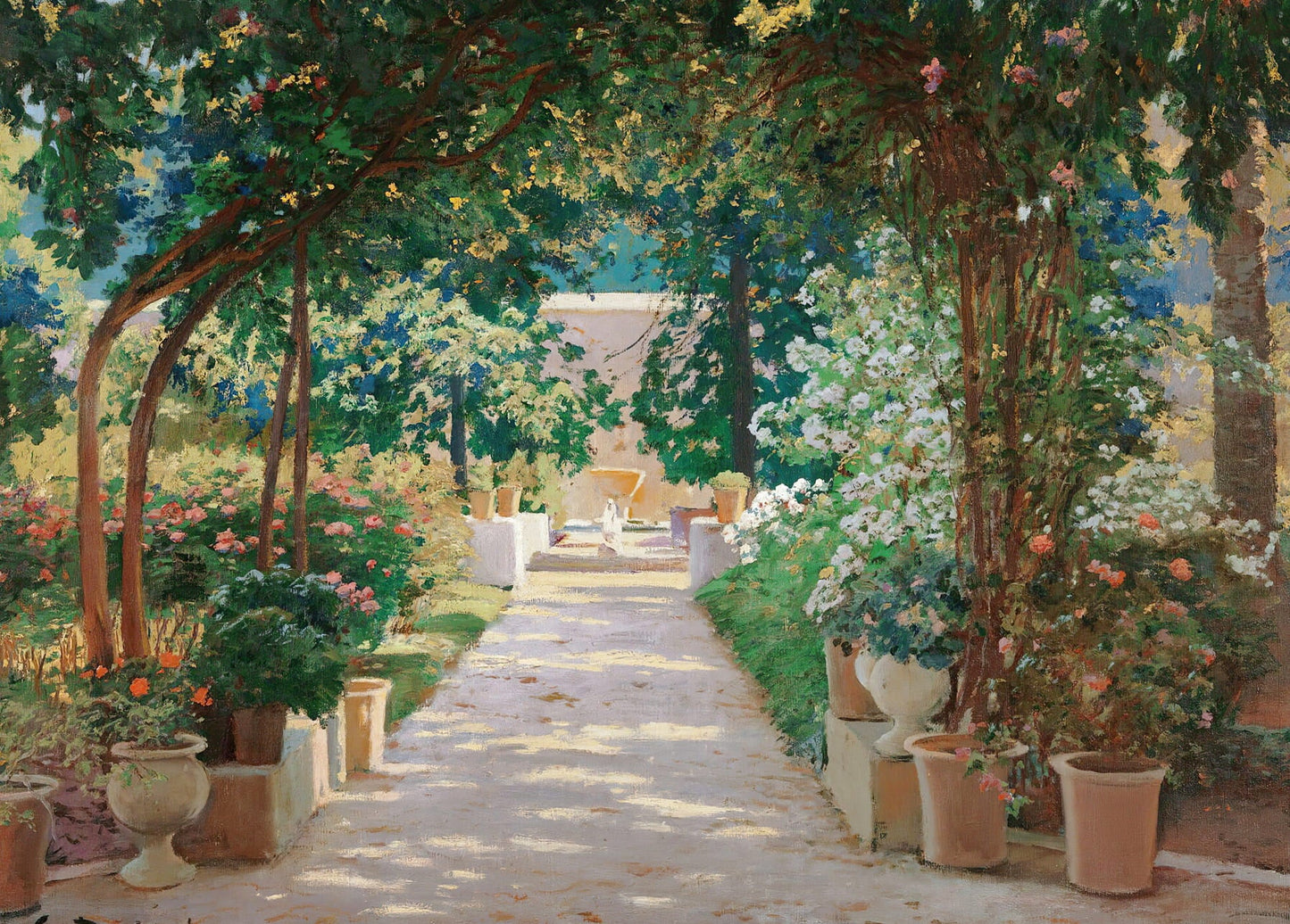 Rusiñol painting of a shaded garden path lined with potted plants toward a fountain