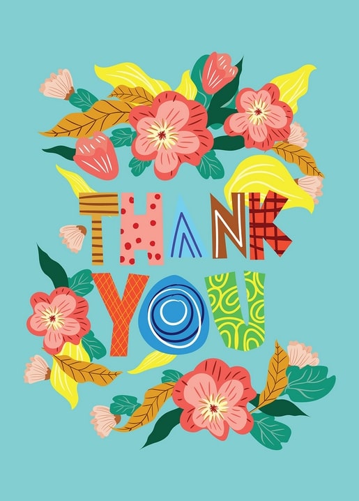 Türkisfarbene Postkarte mit „Danke“-Schriftzug und rosa Blüten