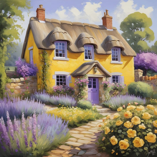 Golden thatched cottage with purple door, lavender and yellow roses along a stone garden path