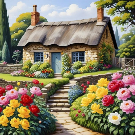 Stone thatched-roof cottage with a path lined with pink, red, and yellow roses