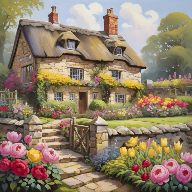Reetdach-Steinhaus mit Pfingstrosen und Tulpen am Gartenweg