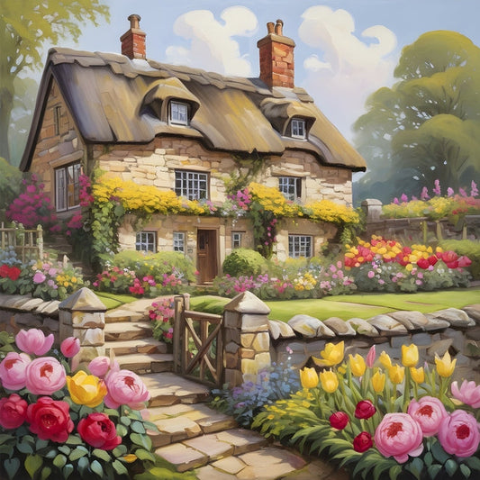 Thatched stone cottage with pink peonies and tulips along the garden path