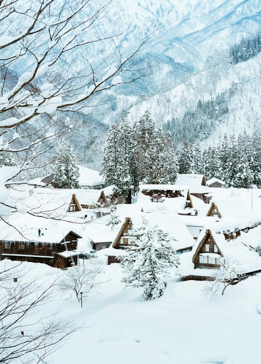 Schneebedecktes Bergdorf mit steilen Reetdächern und verschneiten Tannen