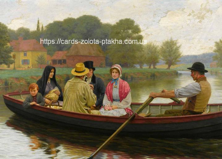 Edmund Blair Leightons Die Fähre — sechs Passagiere überqueren einen Fluss mit dem Ruderboot, 1921