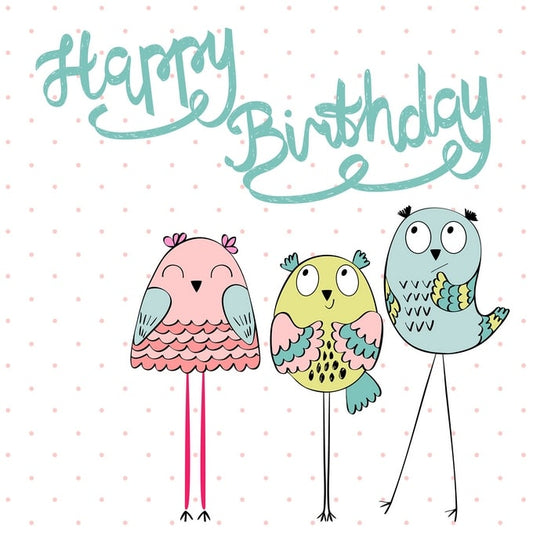 Три пташки — рожева, жовта і синя — під рукописним написом Happy Birthday