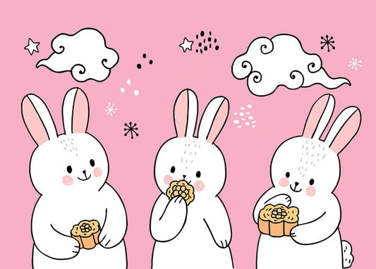 Three bunnies eating mooncakes under clouds on a pink background
