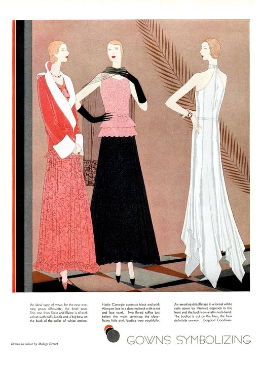 Модна ілюстрація ар-деко з трьома вечірніми сукнями 1930-х років