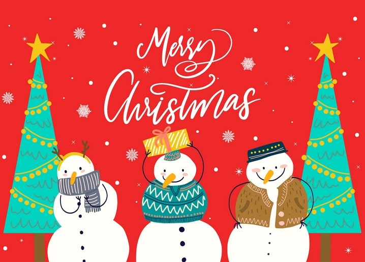 Three snowmen in scarf, sweater and coat between Christmas trees on red background