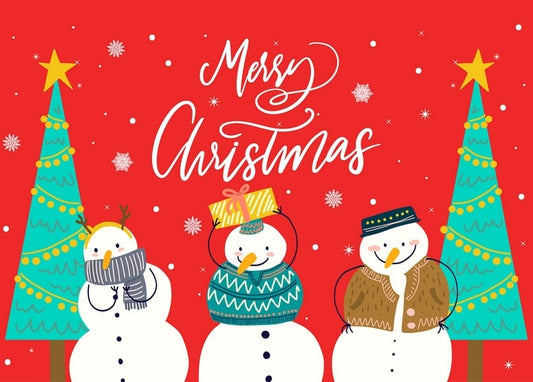 Three snowmen in scarf, sweater and coat between Christmas trees on red background