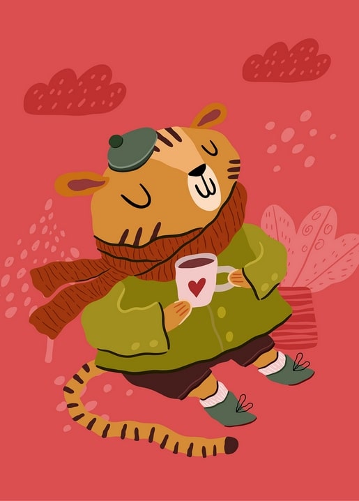 Cartoon tiger in a coat and beret drinking from a heart-print mug in the rain