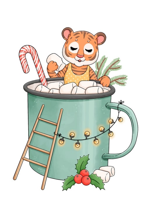 Illustriertes Tigerbaby in einer Kakaotasse mit Marshmallows und Zuckerstock