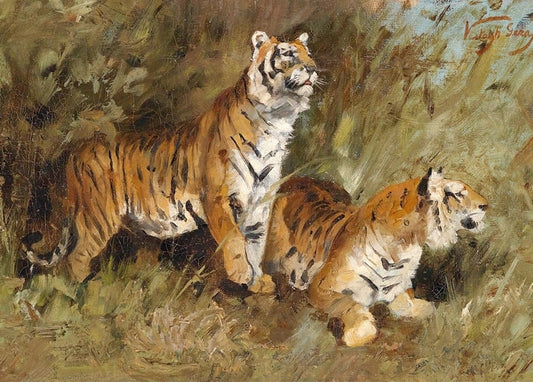 Gemälde eines Tigers mit Jungtier im hohen Gras von Geza Vastagh