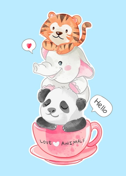 Tiger, elephant and sleepy panda stacked on a pink teacup illustration