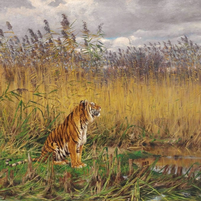 Ölgemälde eines Tigers, der im Schilf am Wasser unter bewölktem Himmel sitzt, von Géza Vastagh
