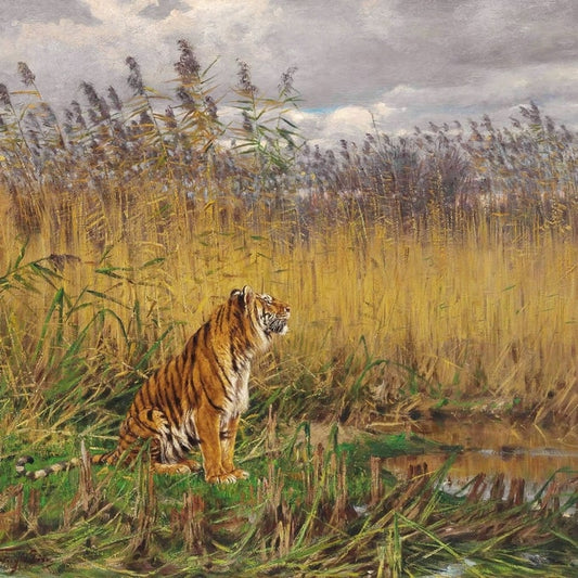 Oil painting of a tiger sitting in reeds by water under a cloudy sky, by Géza Vastagh