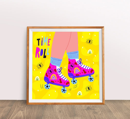 Framed ‘Time Roll’ roller skate poster leaning against a wall on a wood floor