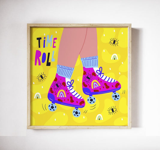 Yellow ‘Time Roll’ poster with pink roller skates in a wood frame