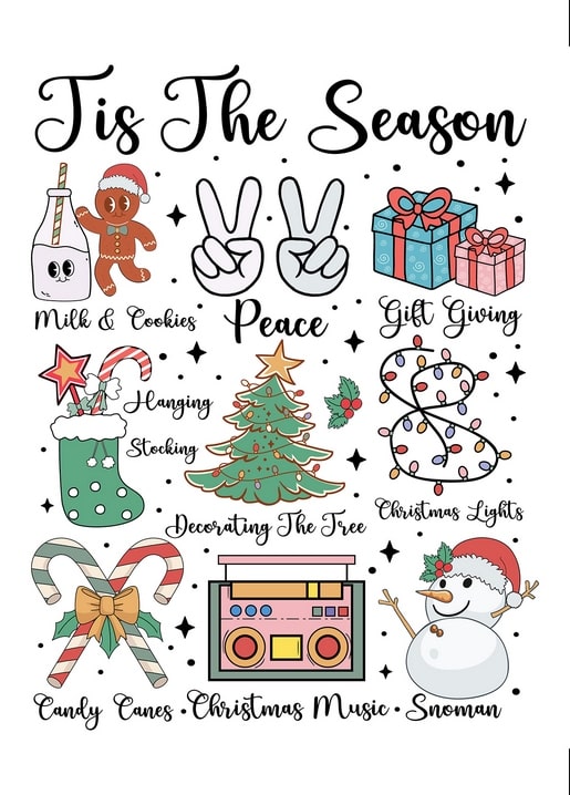 Collage aus Weihnachtssymbolen: Kekse, Baum, Strumpf, Lichterkette und Schneemann unter „Tis the Season“